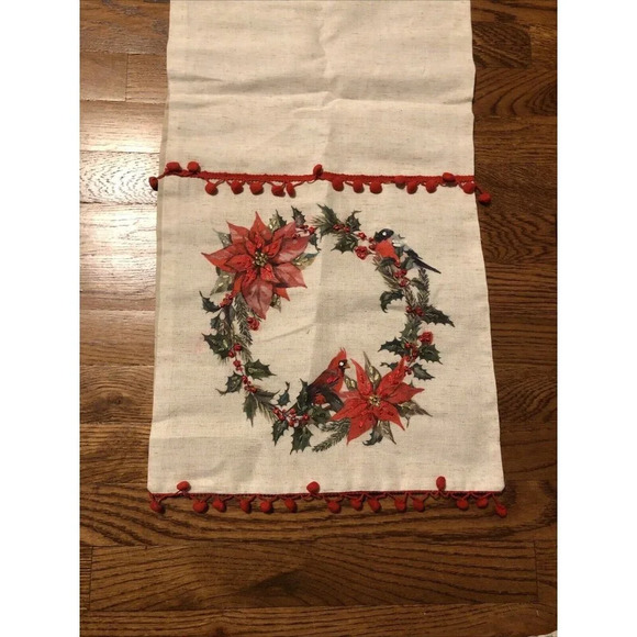Christmas Cardinal Table Runner Wreath Poinsettia 13 X 69 Pom Poms - Picture 6 of 7